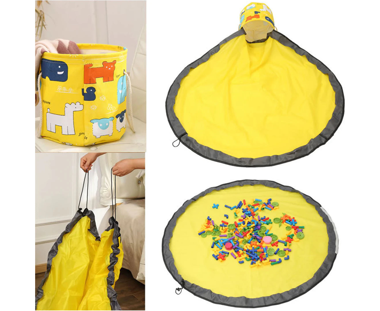 2 In1 Cartoon Toy Storage Organizer Bag Collapsible Canvas Basket for Kids Room-Yellow