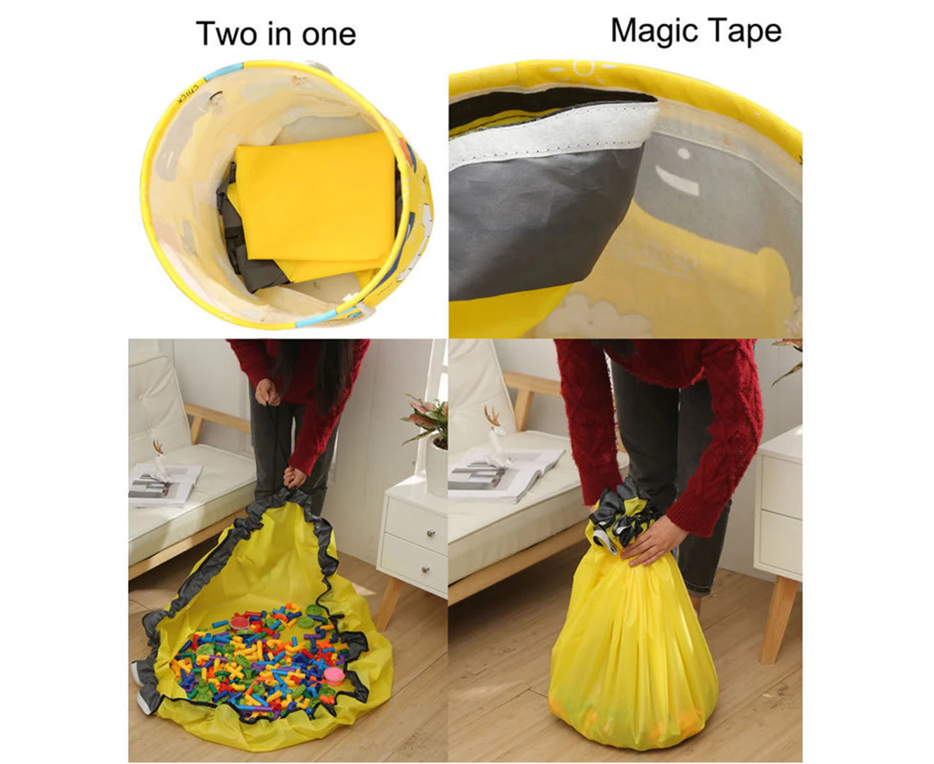 2 In1 Cartoon Toy Storage Organizer Bag Collapsible Canvas Basket for Kids Room-Yellow