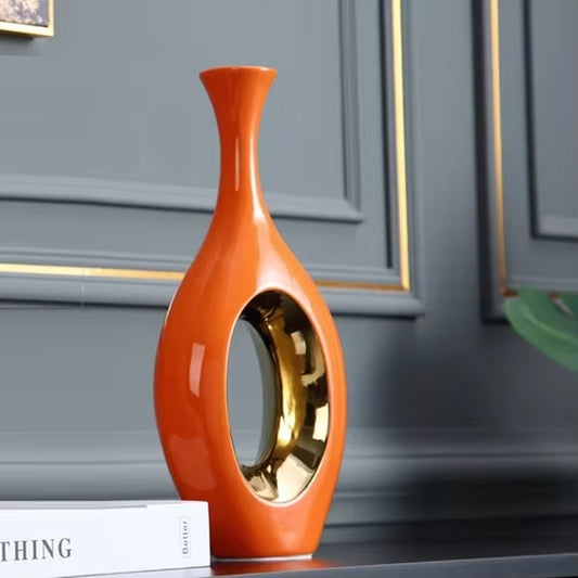 Modern Luxury Orange Phnom Penh Ceramic Vase Creative Living Room Entrance Family Decoration Hollow Flower Vase Home Decoration