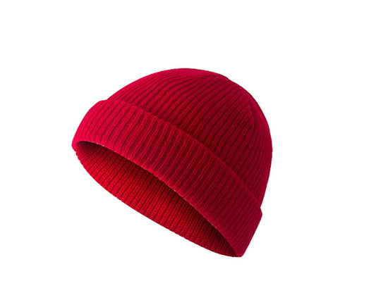 Unisex Solid Color Knitted Beanie Hat Warm Brimless Cuff Skullcap Sailor Cap Bright Red