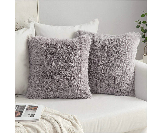 Set of 2 Fluffy Faux Fur Cushions Soft Artificial Fur Throw Cushion