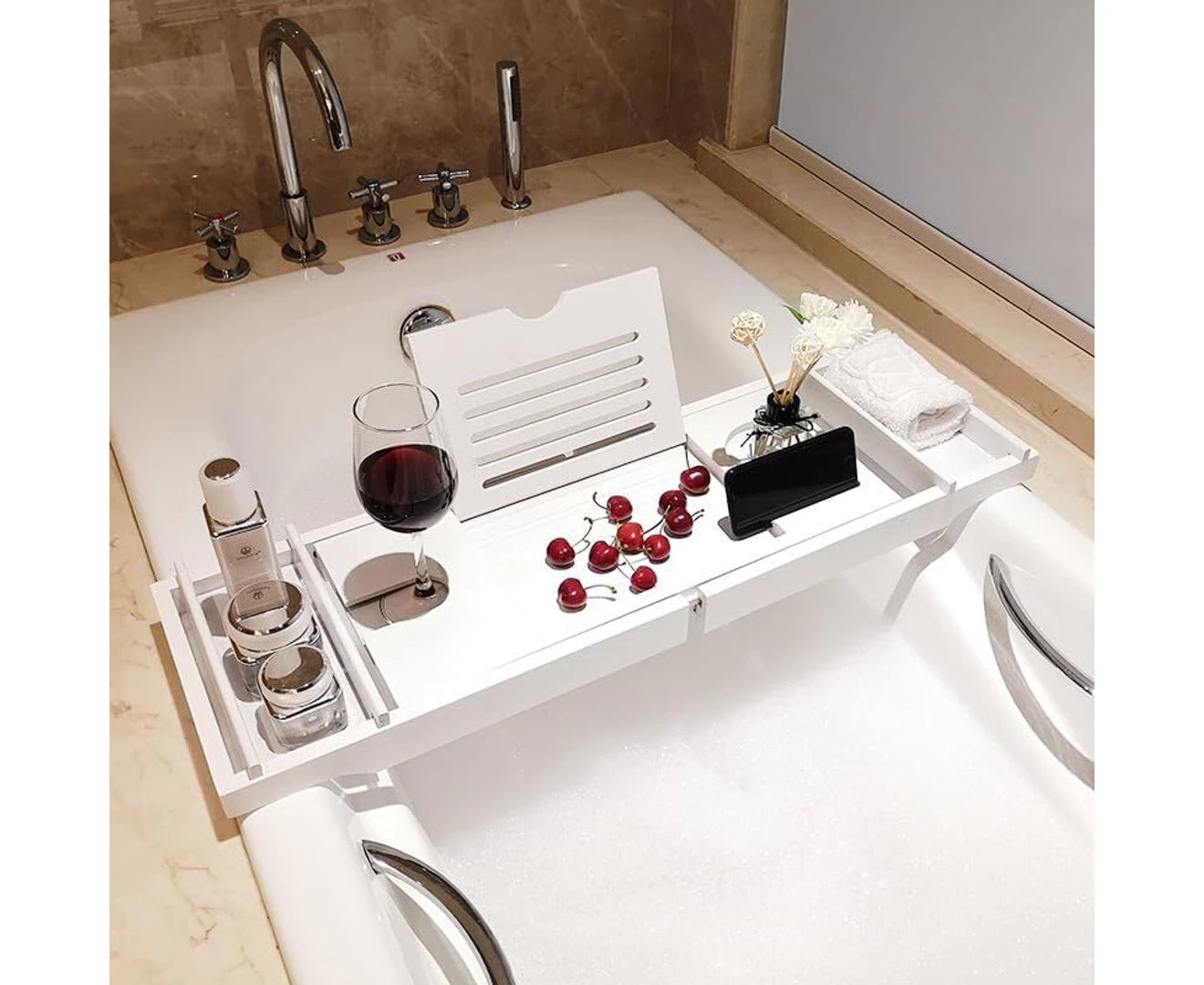 Expandable Bathtub Caddy Tray Bamboo Bath Table over Tub with Wine & Book Holder