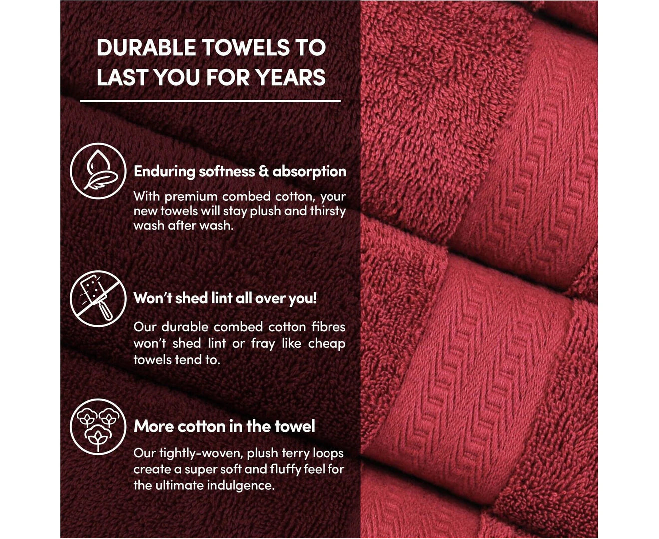 3PCS 100% Combed Cotton Towel Set Bath Towel Hand Towel & Face Washer Sets Burgundy