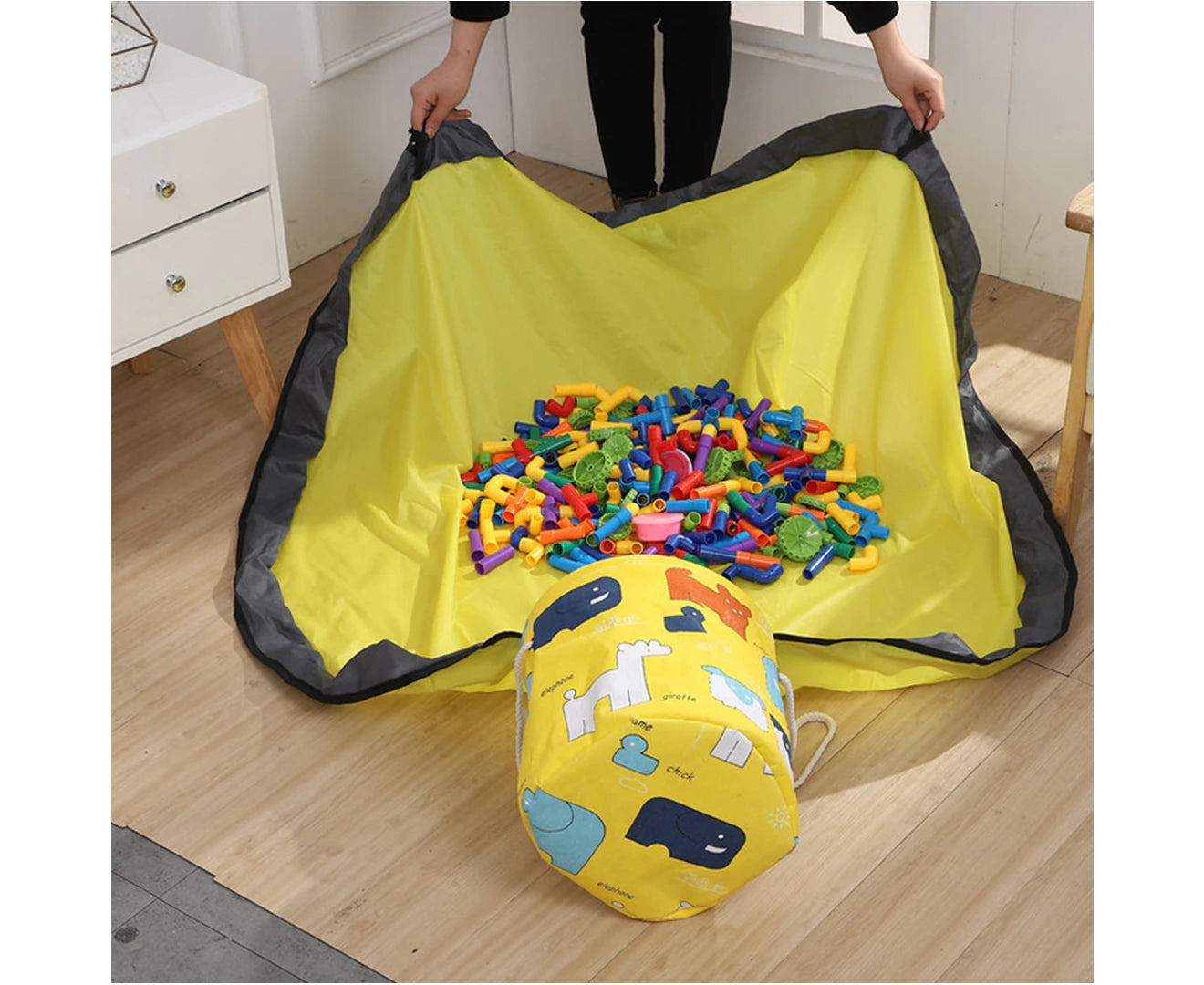 2 In1 Cartoon Toy Storage Organizer Bag Collapsible Canvas Basket for Kids Room-Yellow