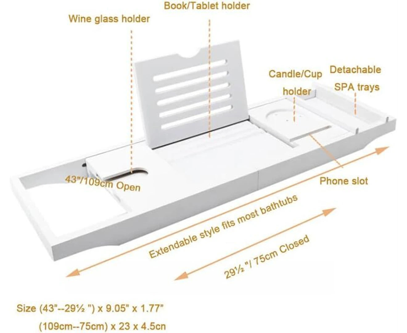 Expandable Bathtub Caddy Tray Bamboo Bath Table over Tub with Wine & Book Holder