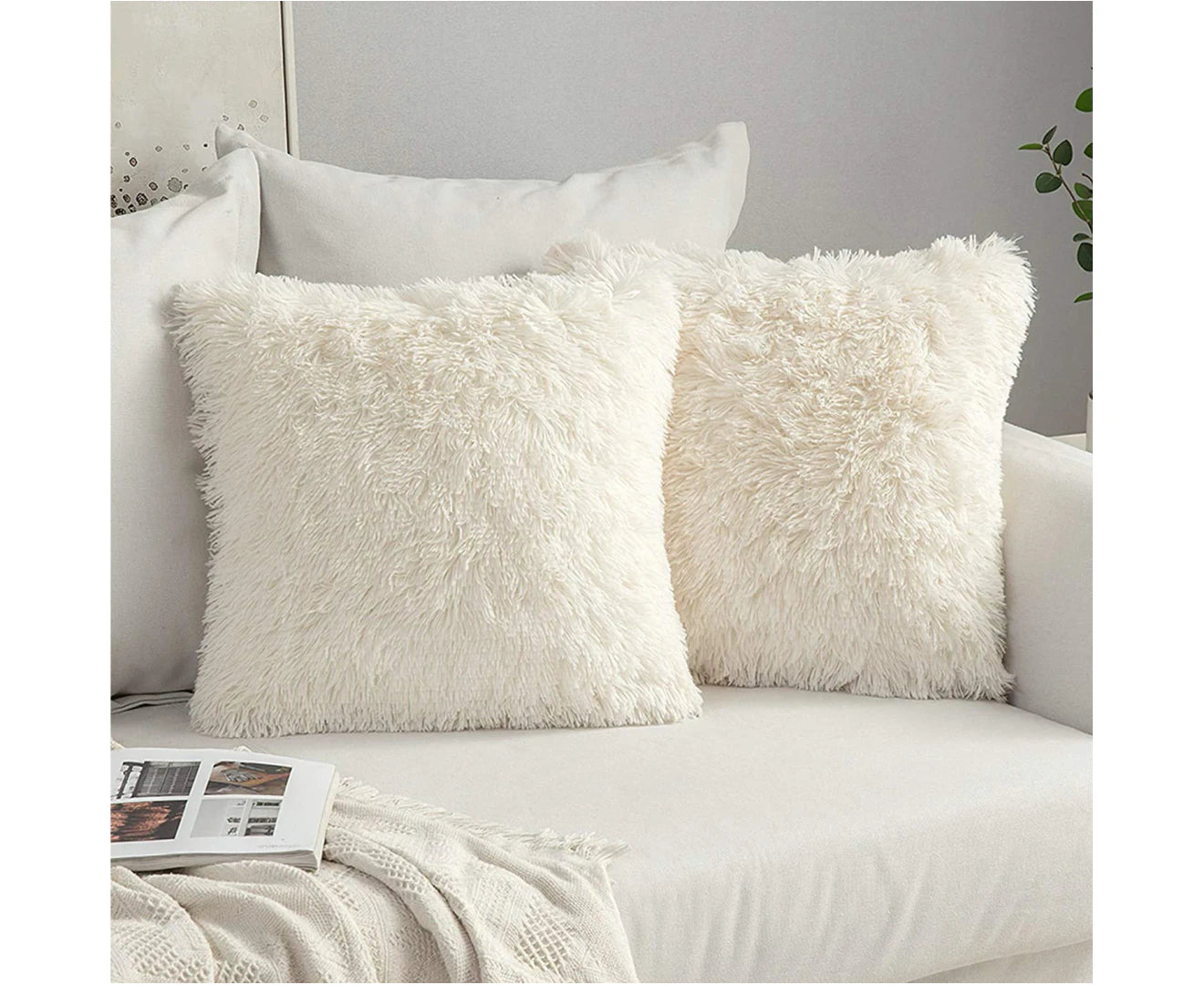 Set of 2 Fluffy Faux Fur Cushions Soft Artificial Fur Throw Cushion