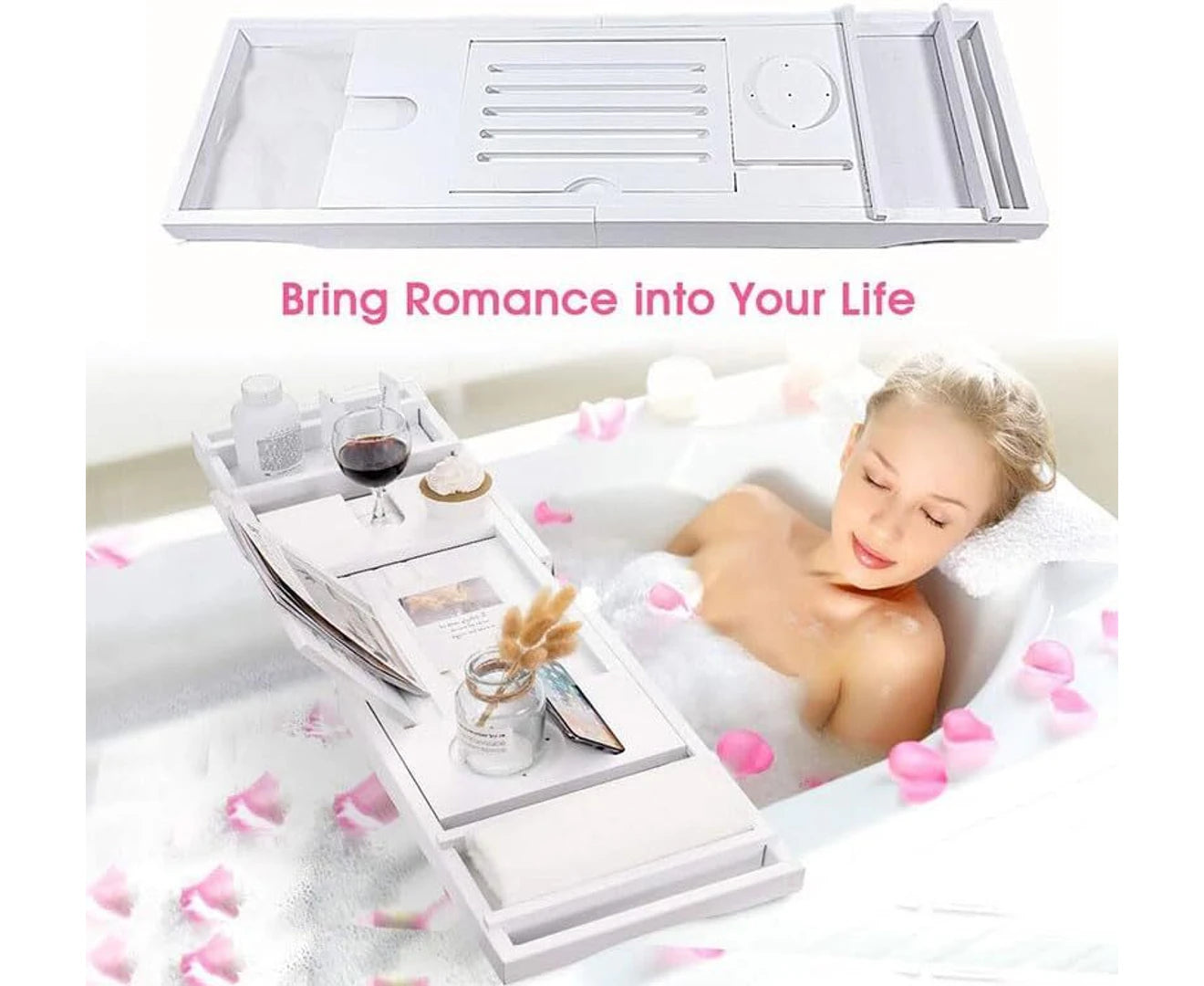 Expandable Bathtub Caddy Tray Bamboo Bath Table over Tub with Wine & Book Holder