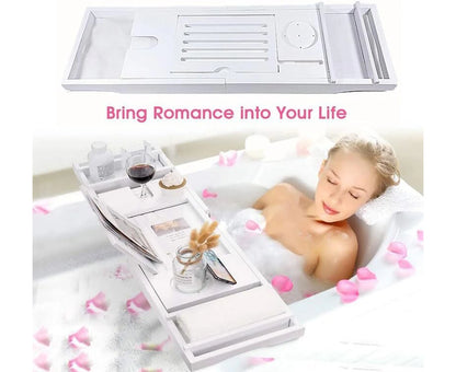 Expandable Bathtub Caddy Tray Bamboo Bath Table over Tub with Wine & Book Holder